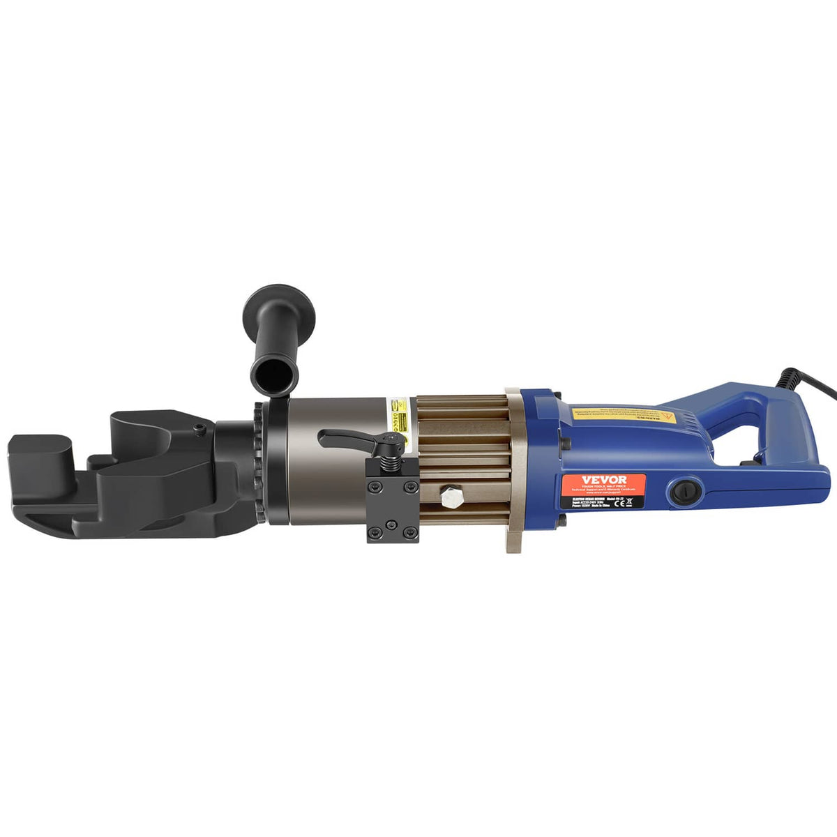Electric hydraulic rebar bender with blue handle and metal bending jaw assembly