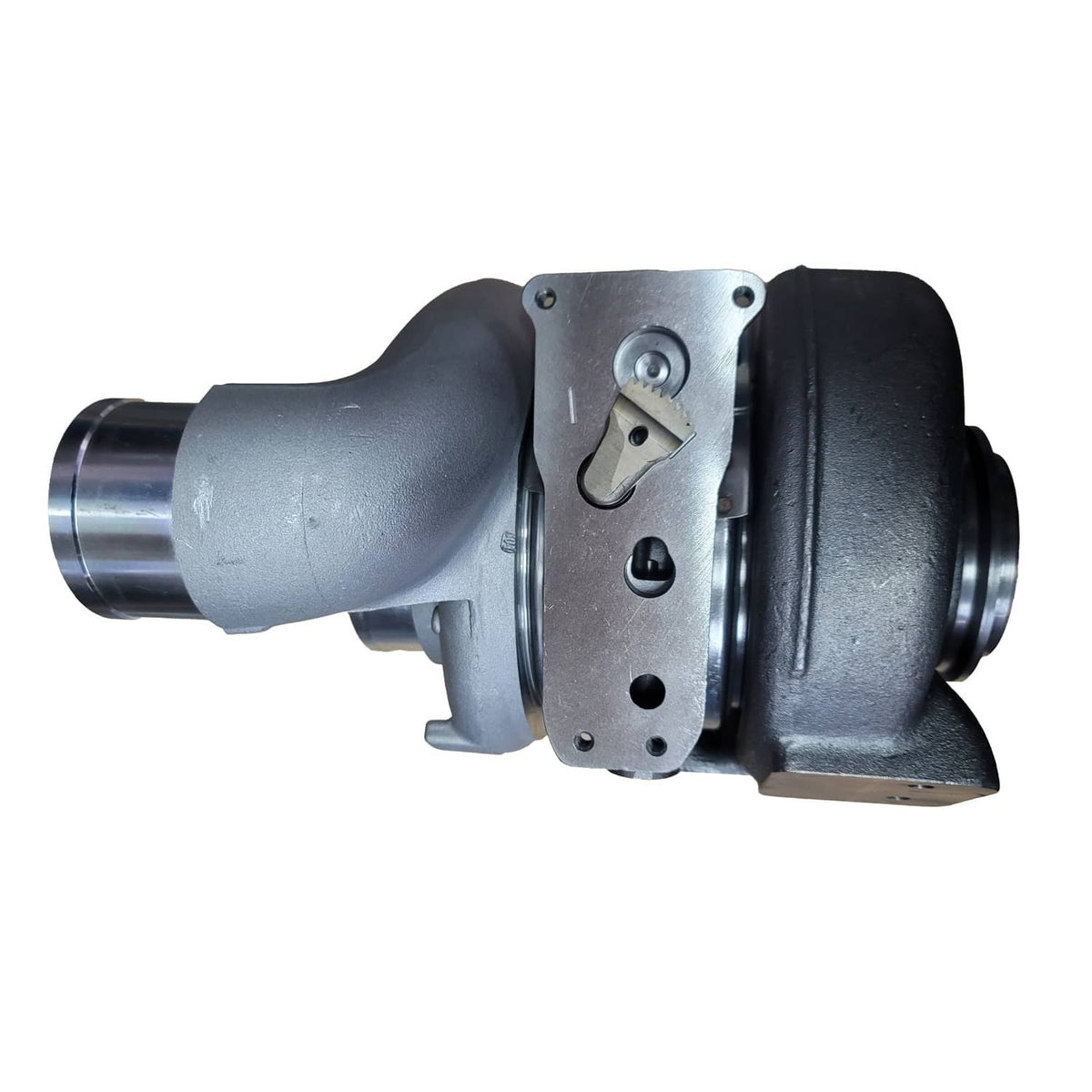 Turbocharger with cast compressor and oil control plate, three-quarter view