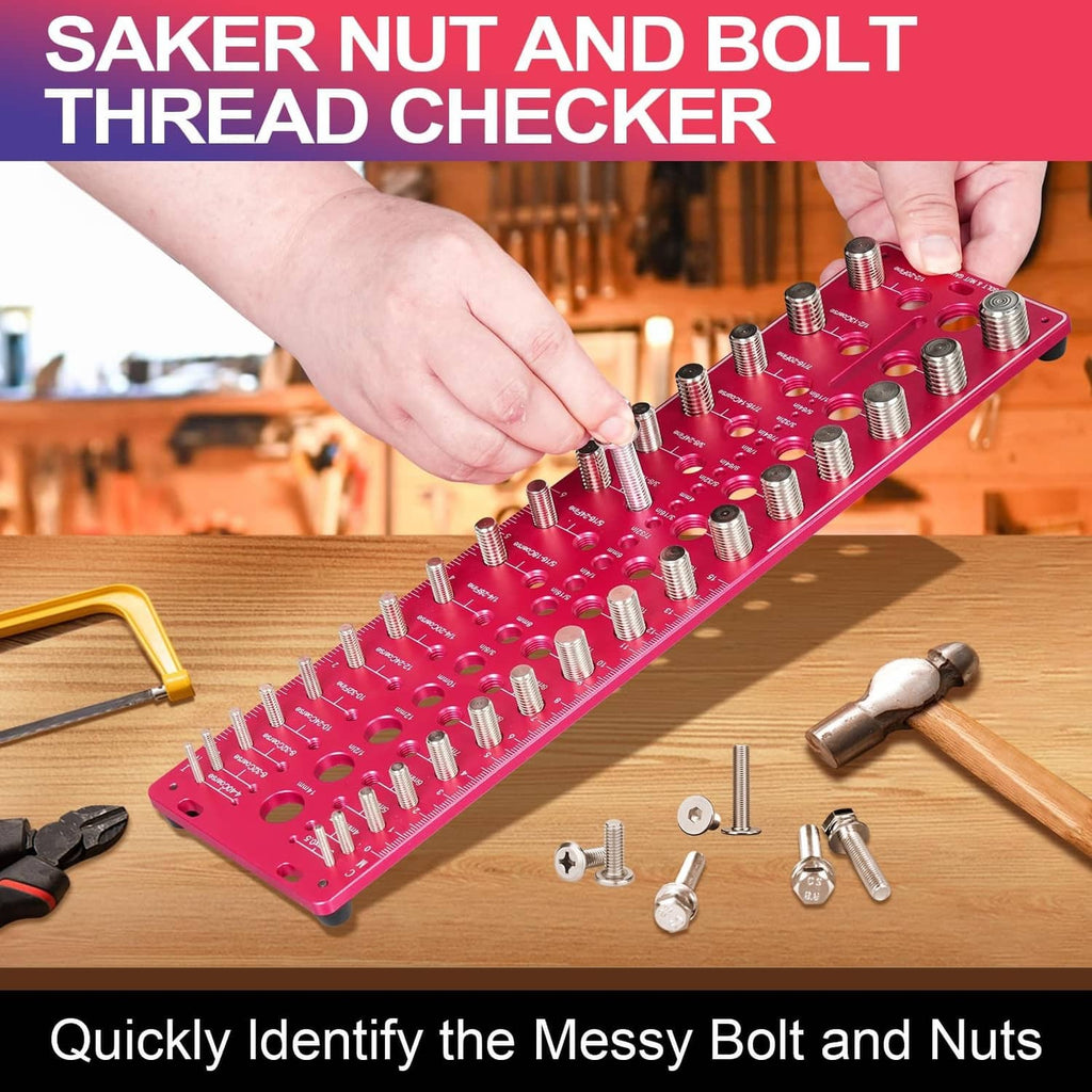 Red nut and bolt thread checker with threaded checking pins on a flat plate