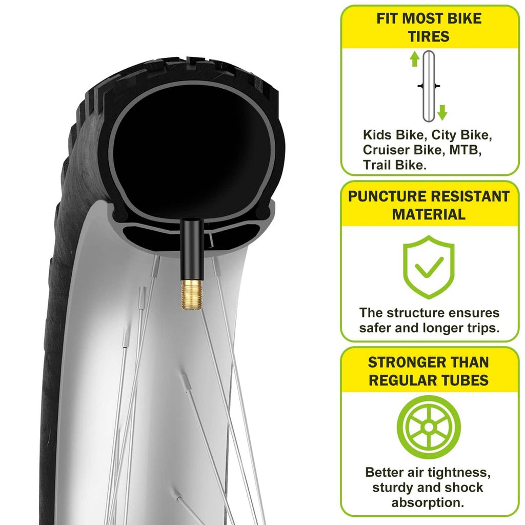 Black bike inner tube with threaded Schrader valve; puncture-resistant material icons