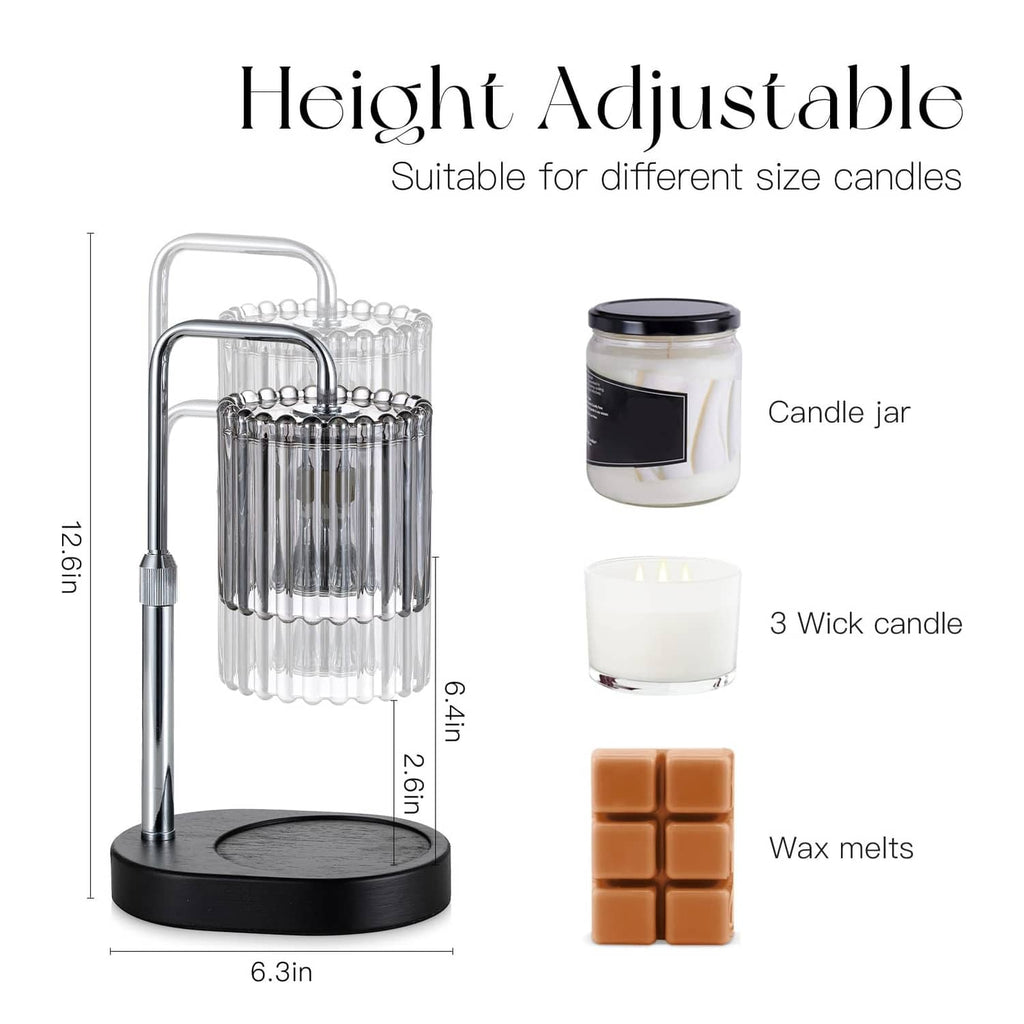 Wax melt warmer lamp size diagram: chrome frame, clear glass drum, black circular base