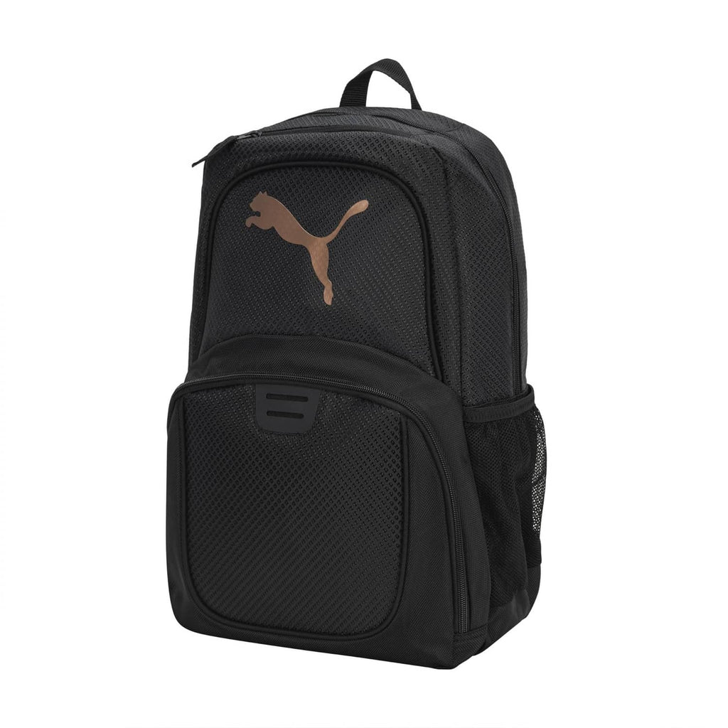 Puma Contender backpack, black with rose Puma logo and textured front pocket