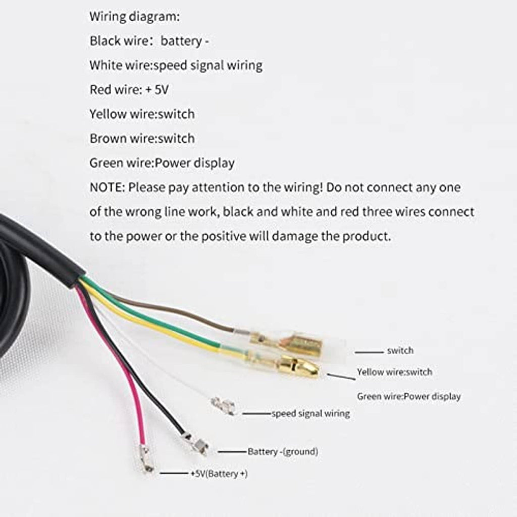 Wiring guide label for thumb throttle kit with color-coded leads and connector diagram