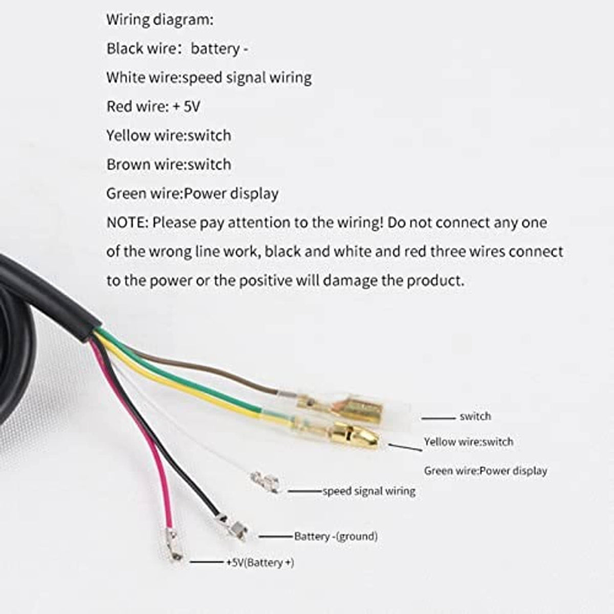 Wiring guide label for thumb throttle kit with color-coded leads and connector diagram