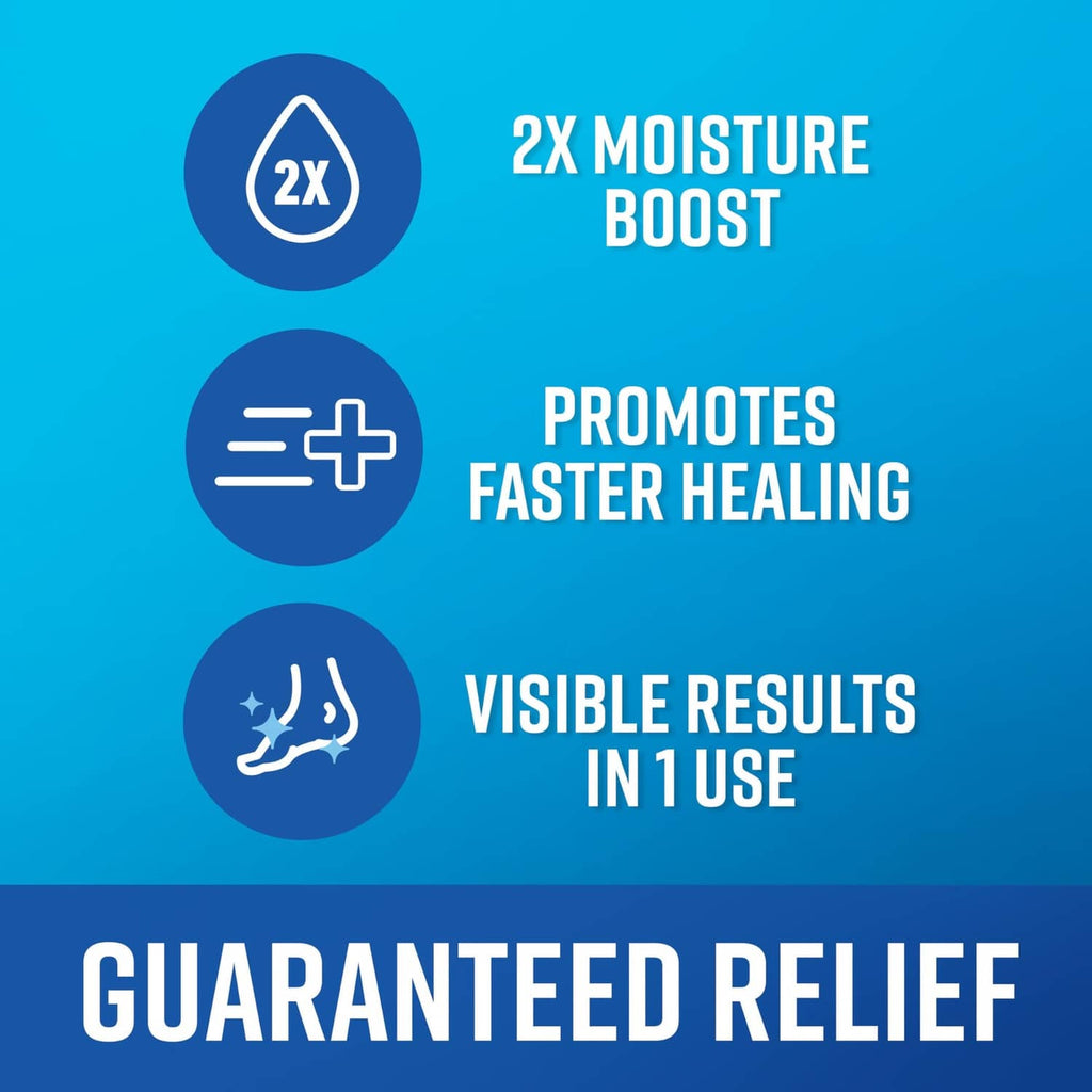 Healthy Feet heel repair kit infographic: 2x moisture boost, faster healing, visible results in 1 use