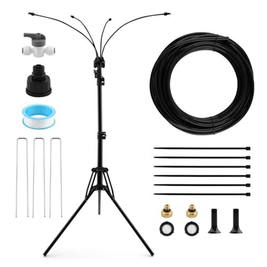 Adjustable patio misting stand with tripod base, black supply hose, and included fittings