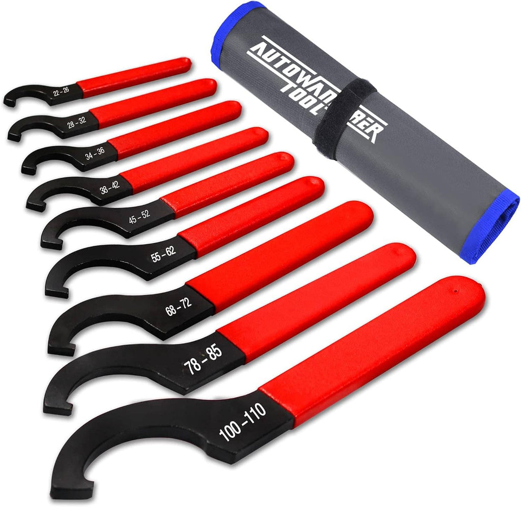 9-piece adjustable shock spanner wrench set with red handles, black jaw heads, pouch