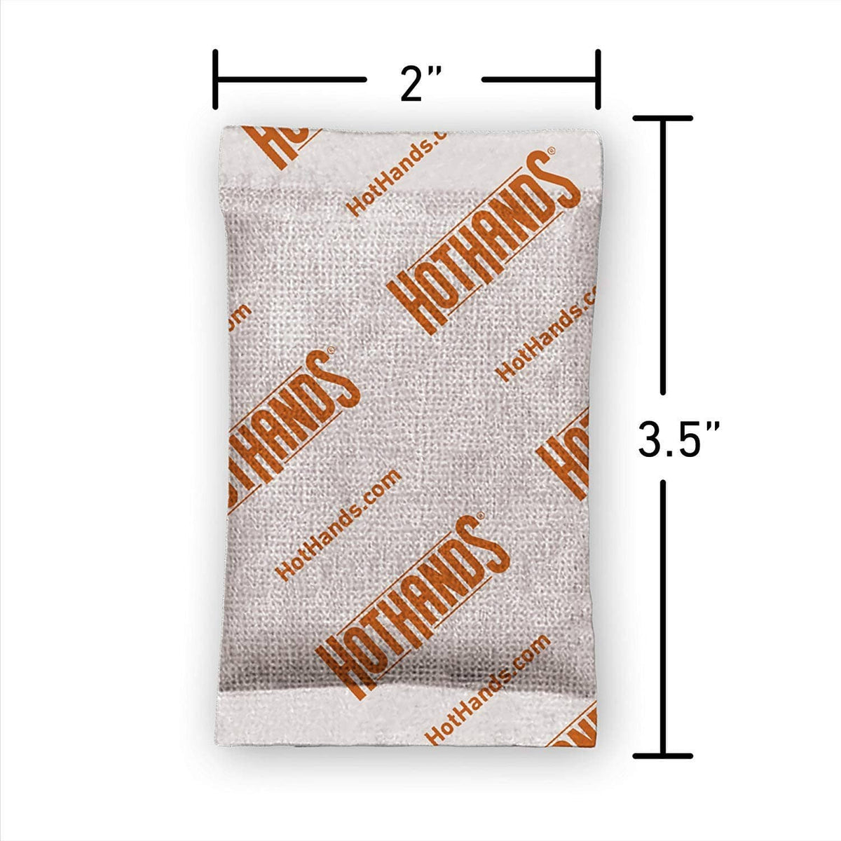 HotHands hand warmer sachet size, 2 in wide and 3.5 in high