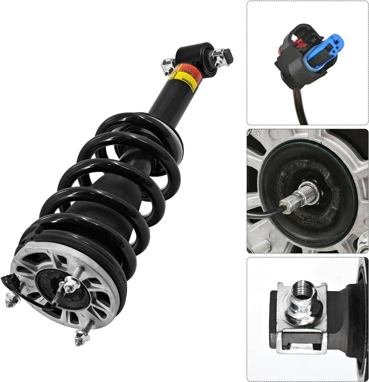 Black shock absorber strut with coil spring, top mount hardware, and electrical connector