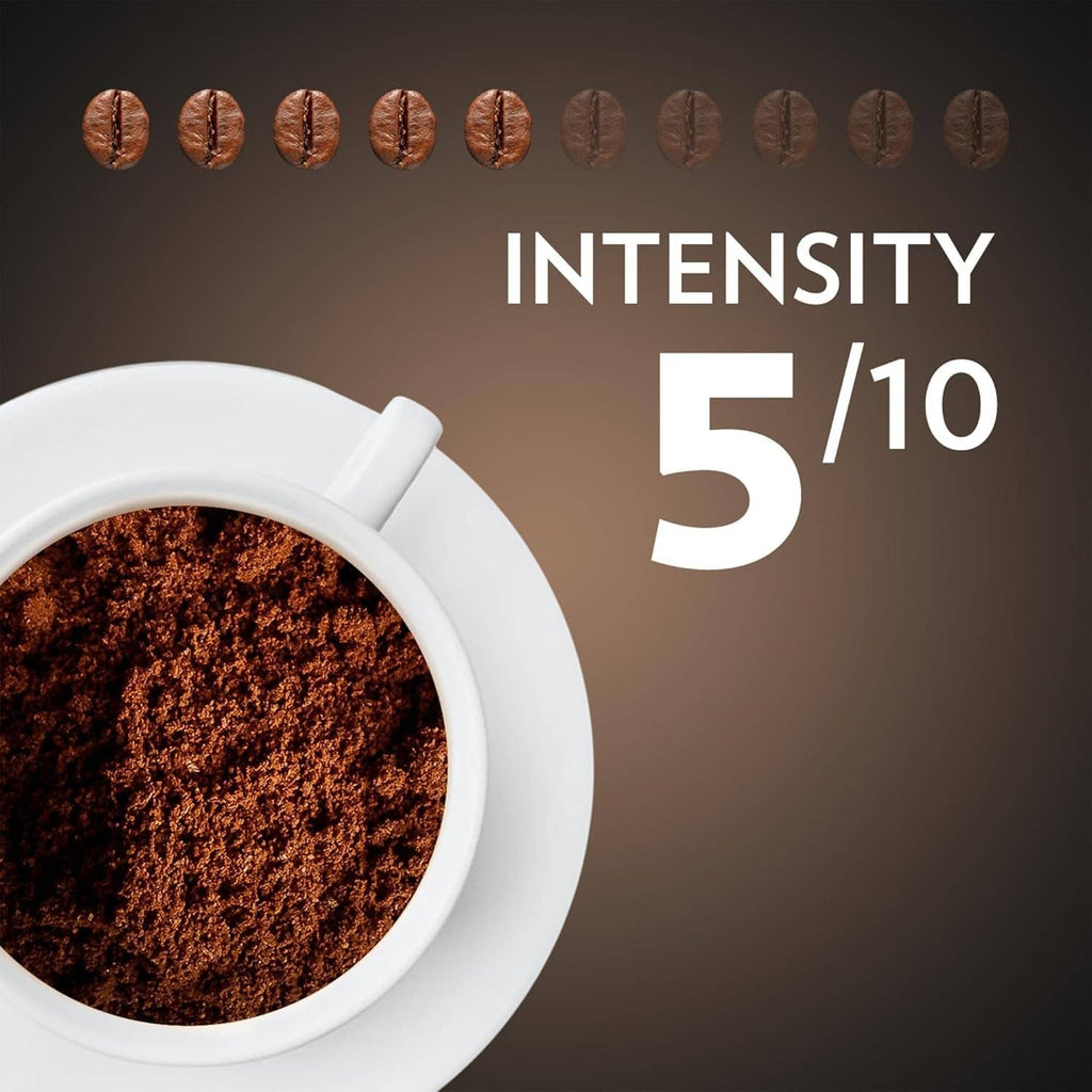 Espresso intensity graphic with cup and whole beans, showing intensity 5/10