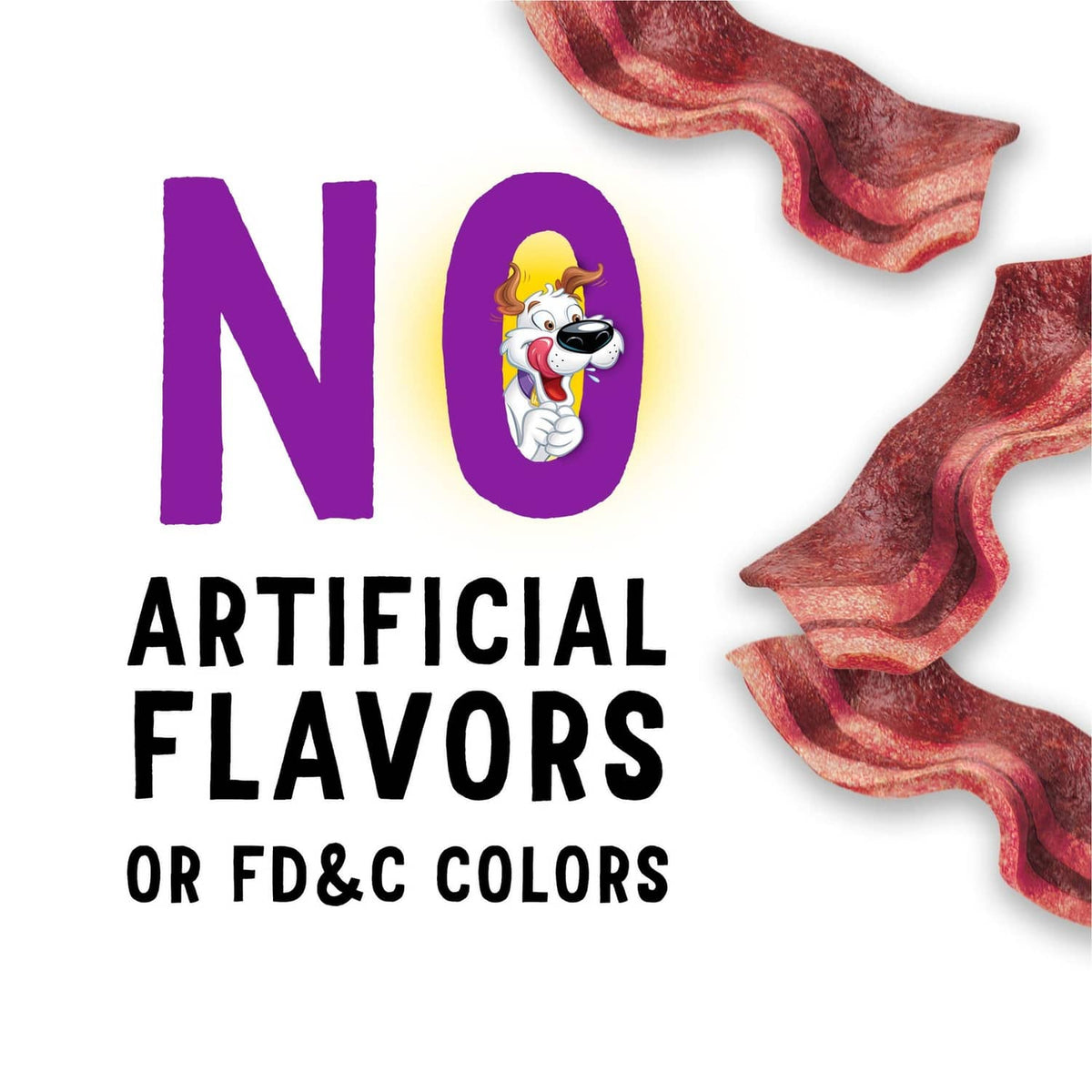 Dog treat strips label, purple text 'No artificial flavors or FD&C colors' with strips