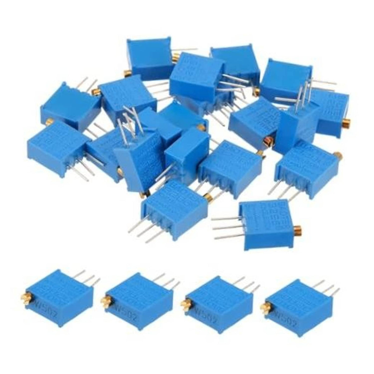 Blue multiturn trimmer potentiometers with 3-pin leads, assorted set of 20