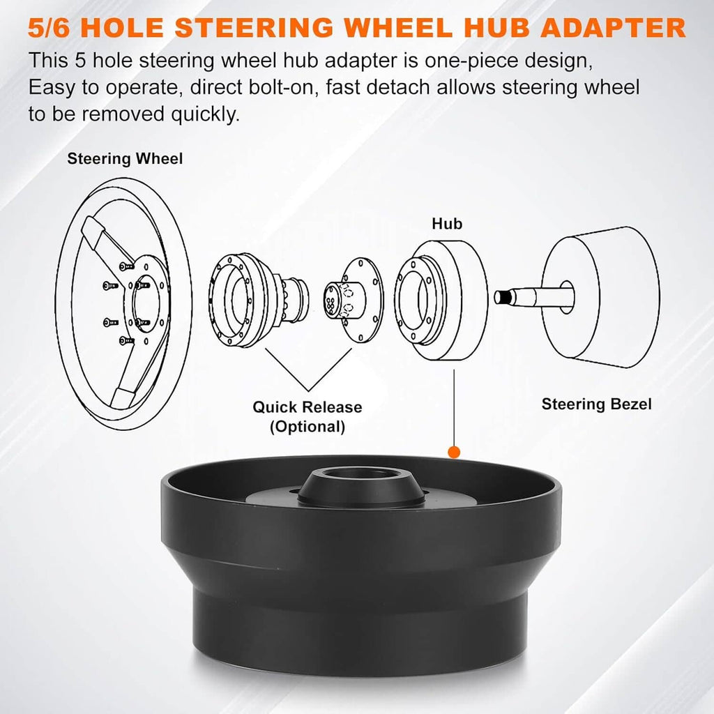 Black steering wheel hub adapter base with center opening and top mounting surface