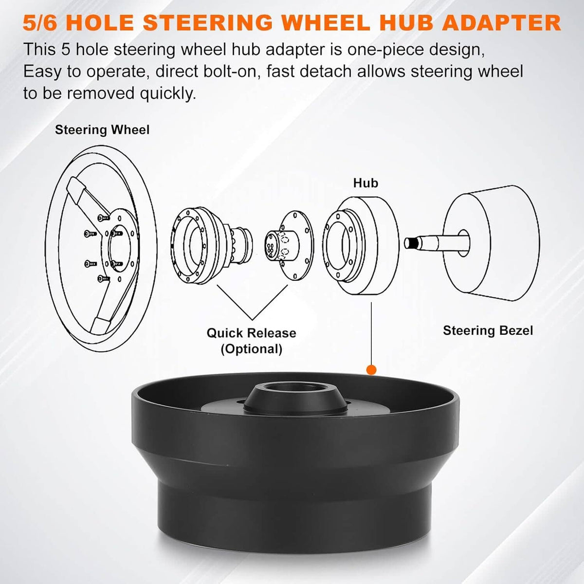 Black steering wheel hub adapter base with center opening and top mounting surface