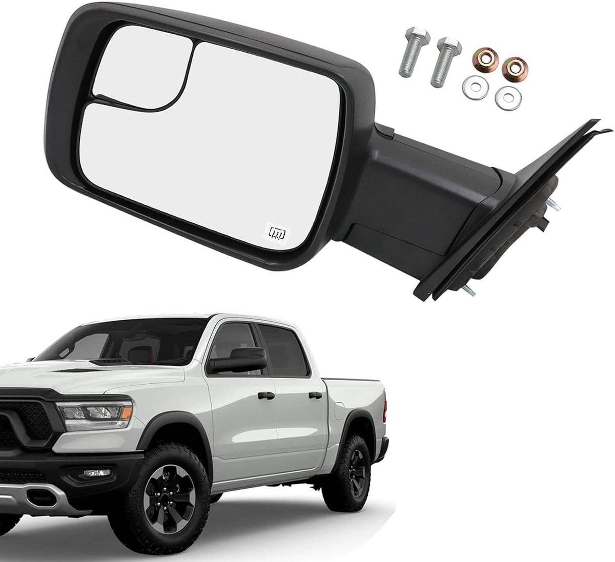 Left driver side heated signal mirror with black housing and clear glass, includes mounting parts