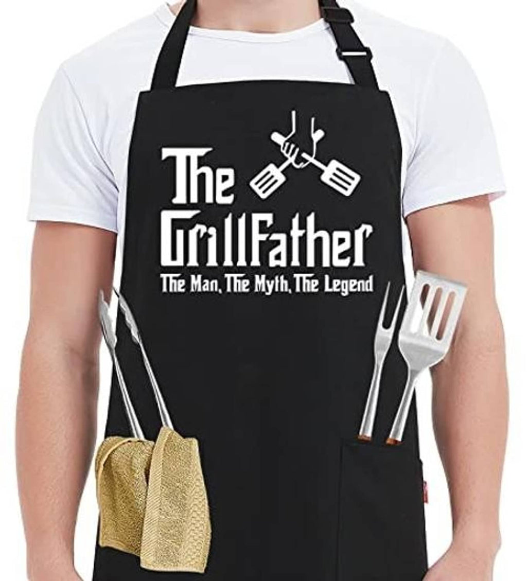 Black bib grill apron with “The Grillfather” print, front pocket, and grill utensil icons