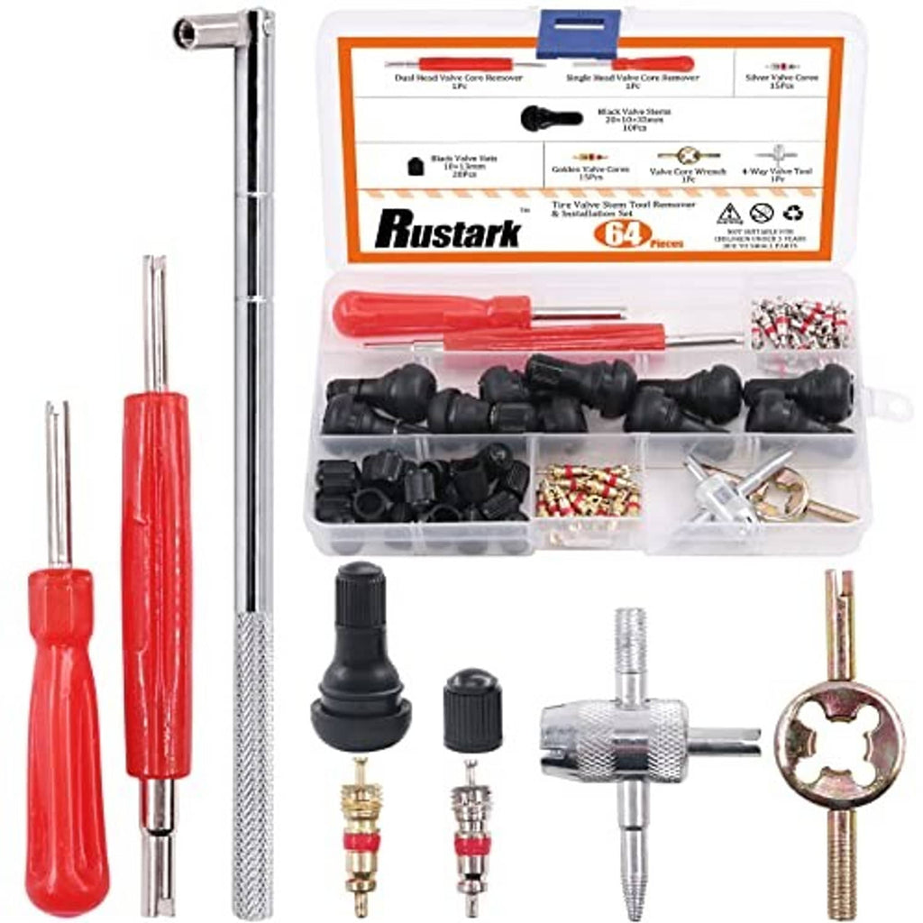 Tire valve stem tool and valve core kit with core remover, stem caps, and tools