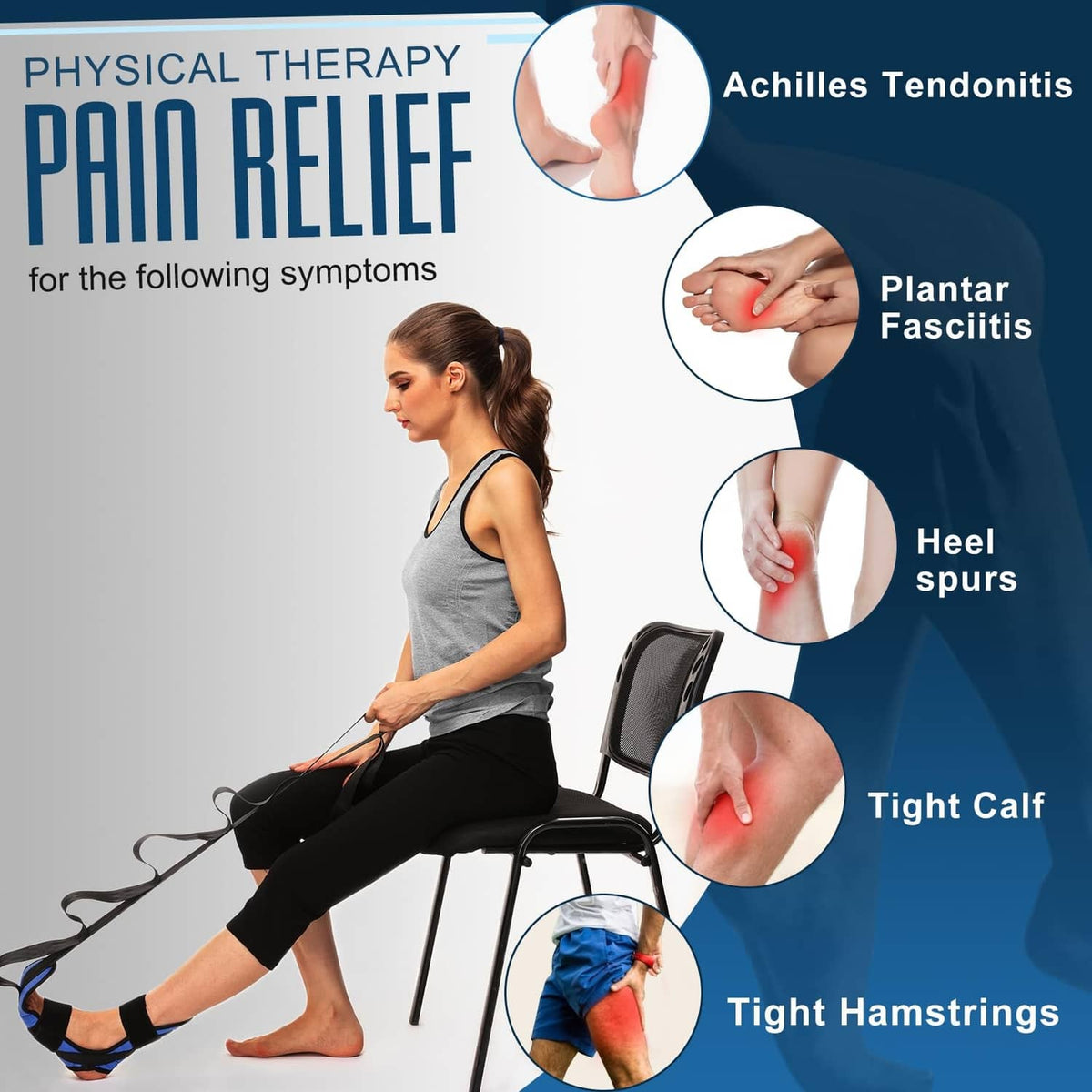 Foot stretching strap in use on a person’s leg with blue support pad and laces