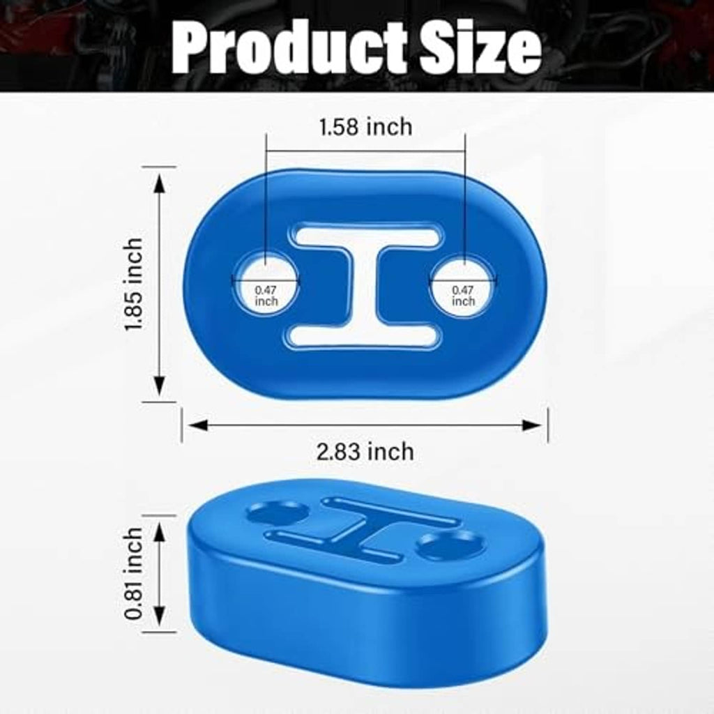 Blue rubber exhaust hanger with two bolt holes; size diagram view