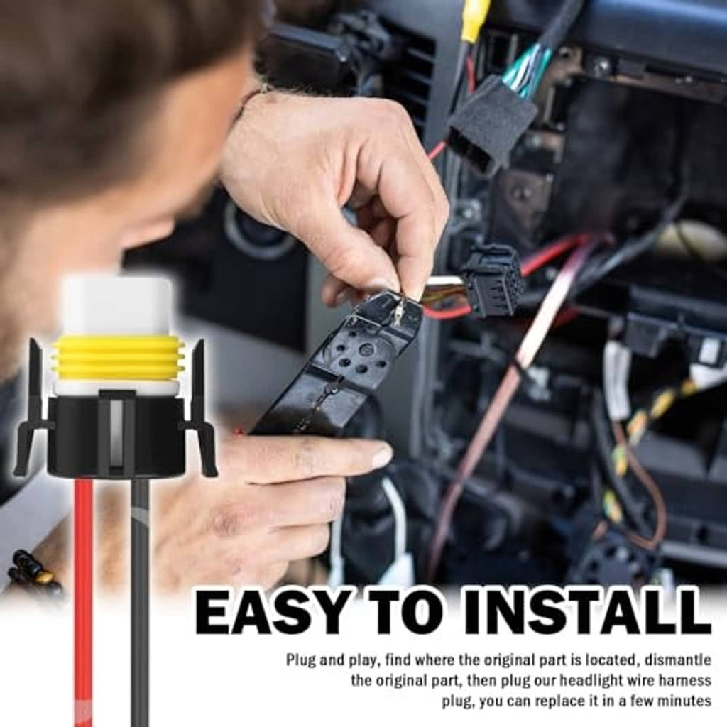 H11 connector plug with red/black wires and yellow sleeve, shown being installed