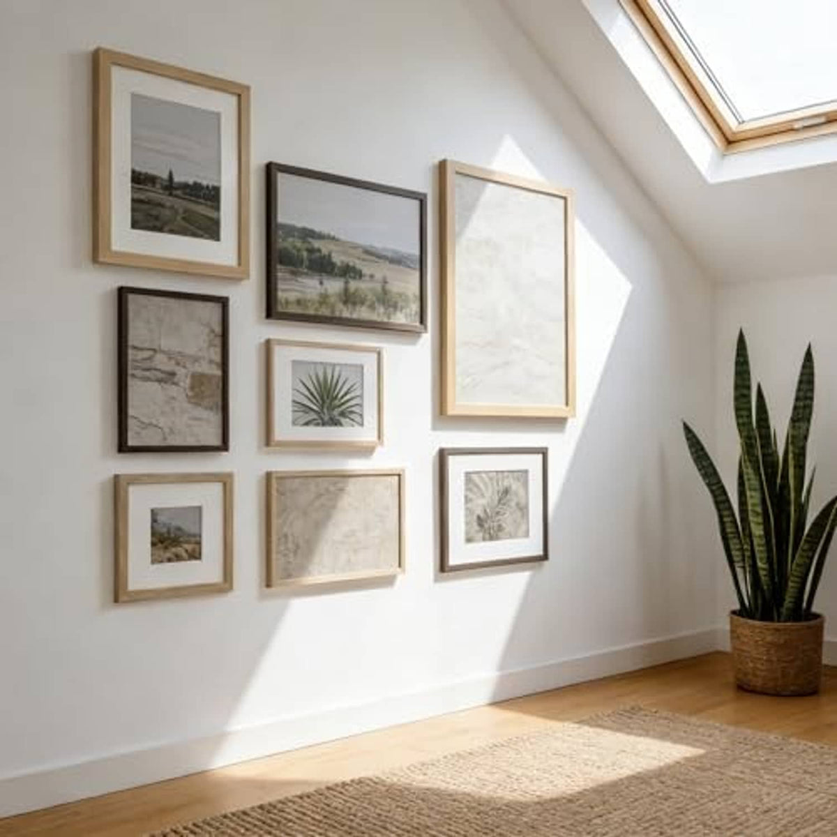 Light wood photo frame displayed on a wall among other frames