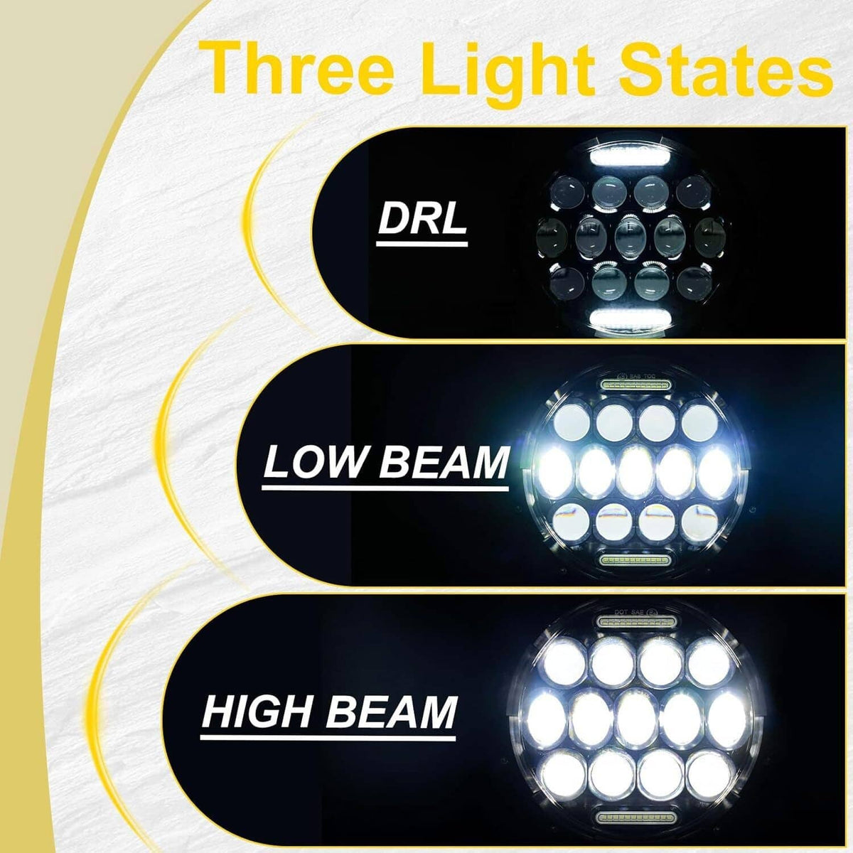 Round LED headlights showing DRL, low beam, and high beam glow; black housings