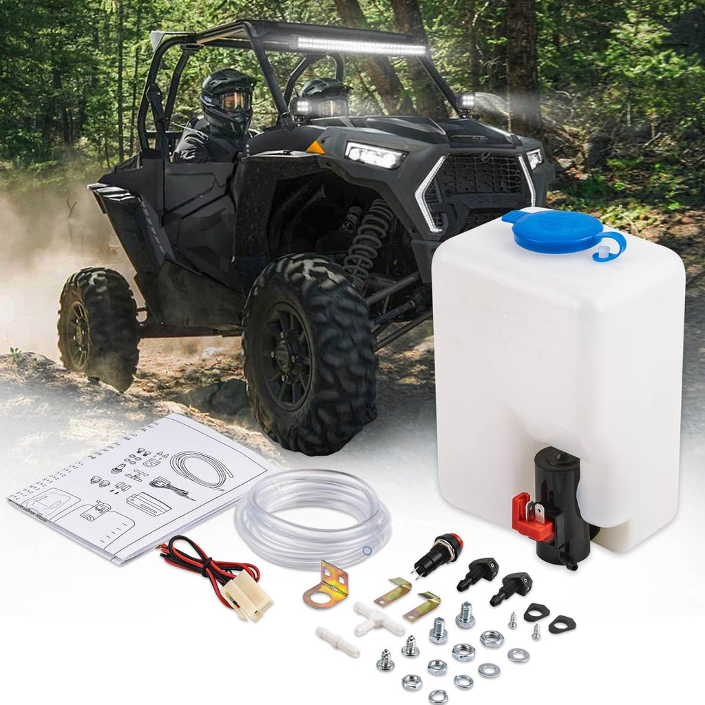 Windshield washer pump reservoir kit with white tank, blue cap, hose and fittings