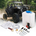 Windshield washer pump reservoir kit with white tank, blue cap, hose and fittings