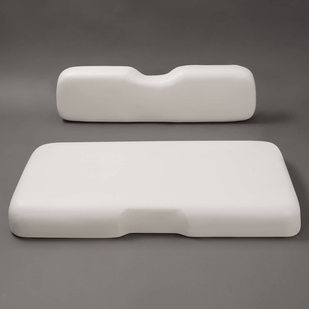 White golf cart seat bottom cushion with contoured white backrest
