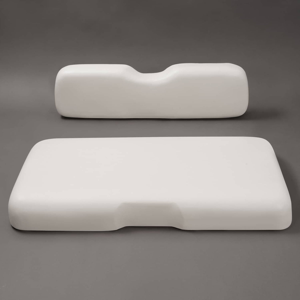 White golf cart seat bottom cushion with contoured white backrest