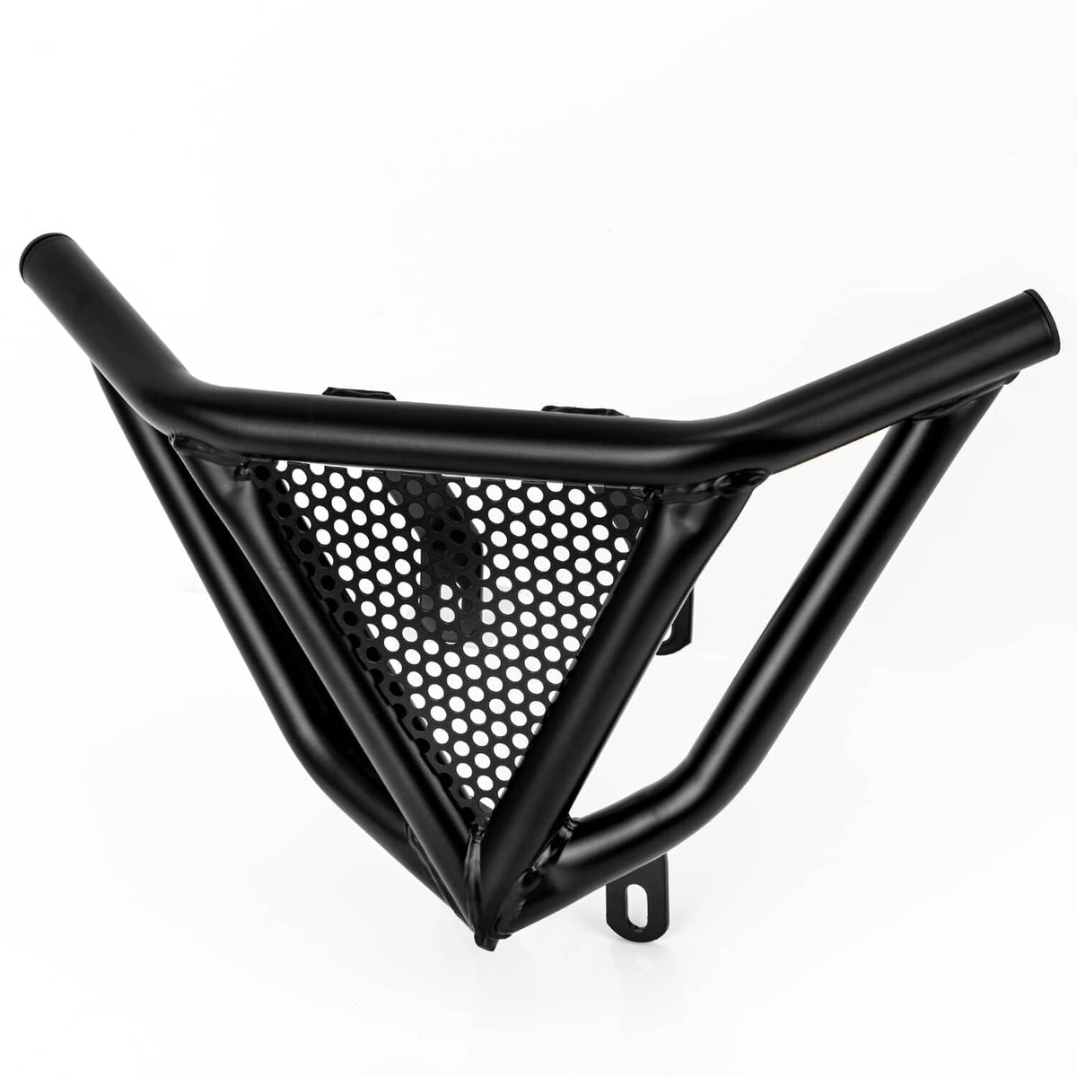 Black front bumper guard with triangular mesh insert and mounting tabs, curved steel frame