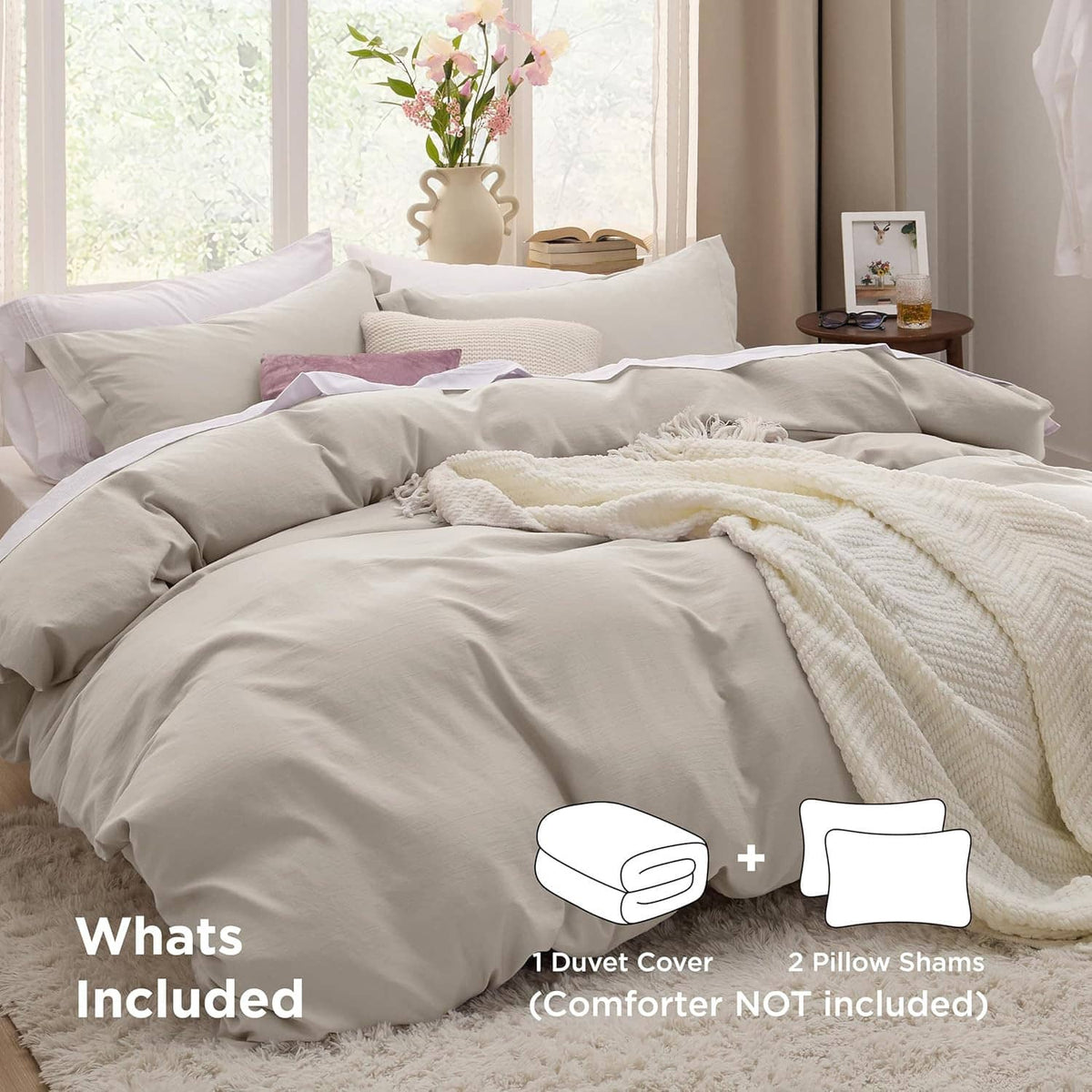 Queen duvet cover and pillow shams set in light beige with textured throw blanket