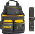 Tool belt pouch with belt strap, black fabric with yellow trim and multiple tool pockets
