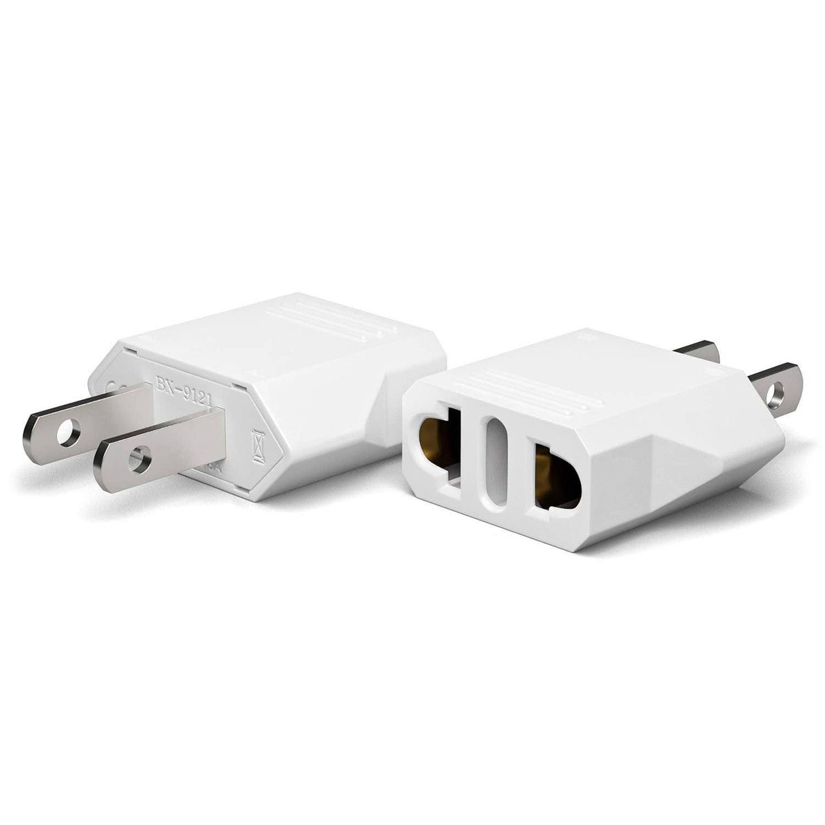 European to US plug adapter, white EU plug to dual US outlet (two flat slots)