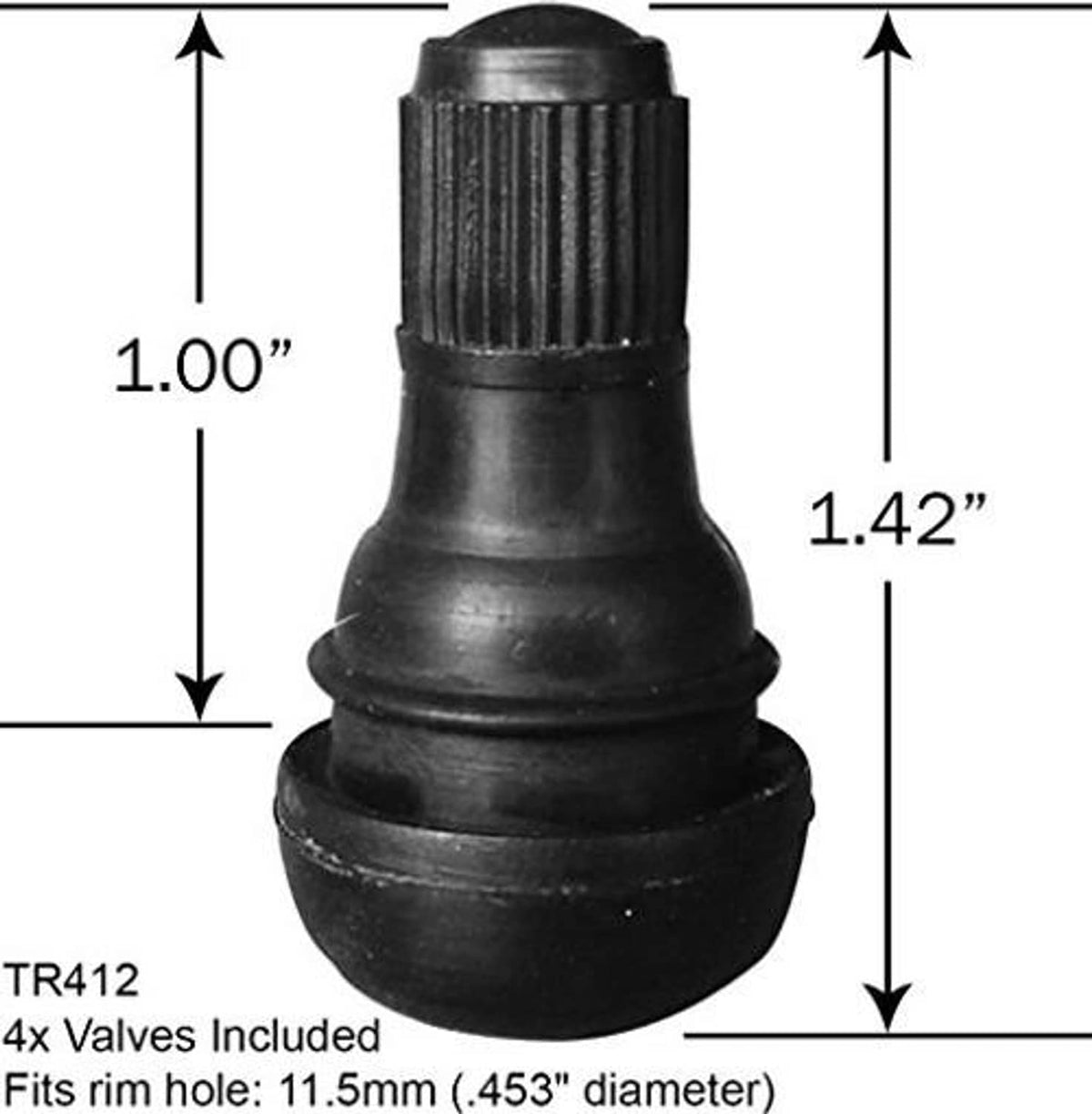 Black rubber tire valve stem cap with ribbed top and included size dimensions