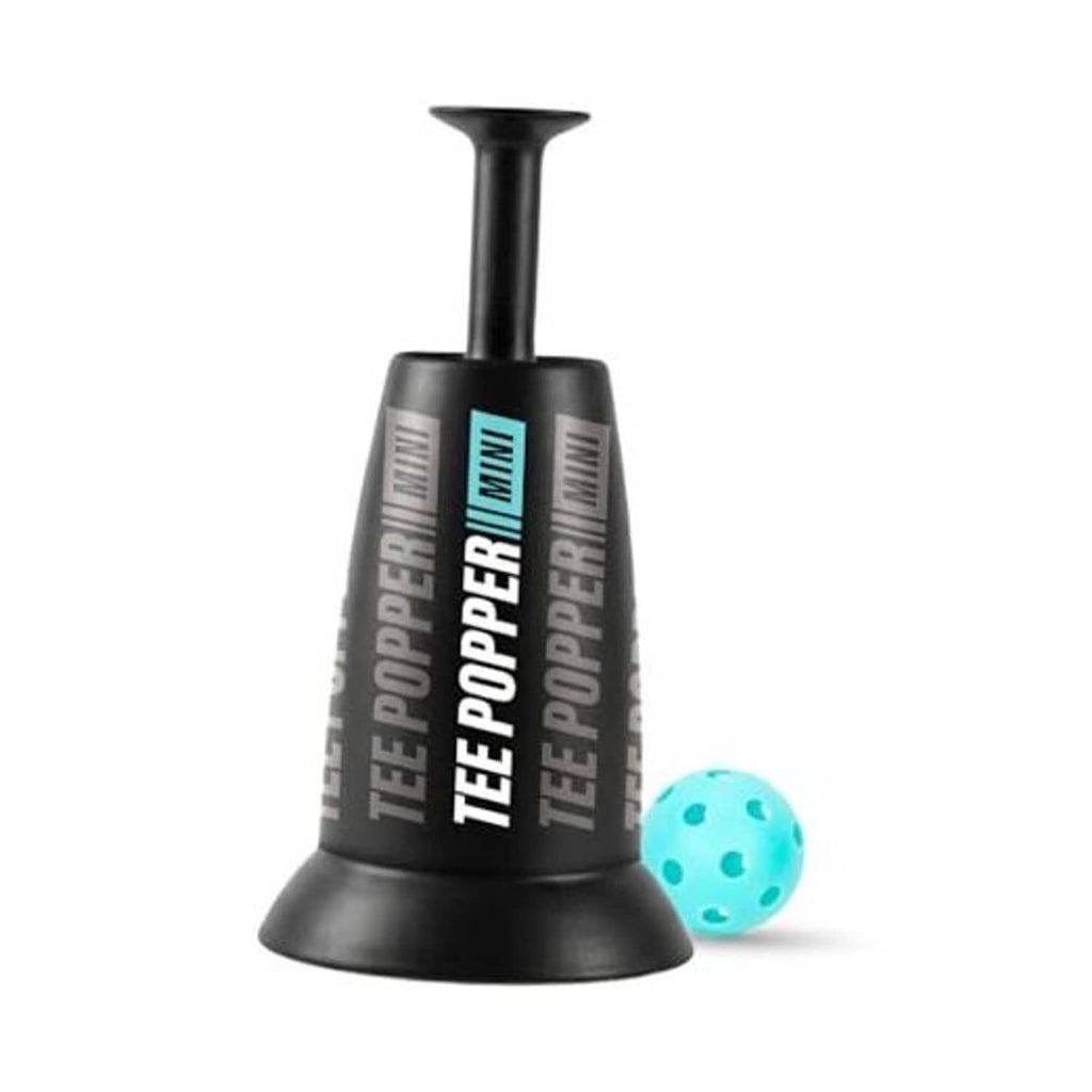 Black mini tee popper training device with teal popper ball on the side