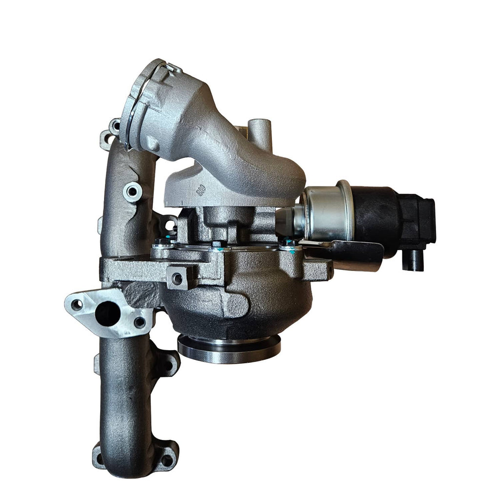 Turbocharger assembly with air intake and exhaust outlet, metallic housing side profile
