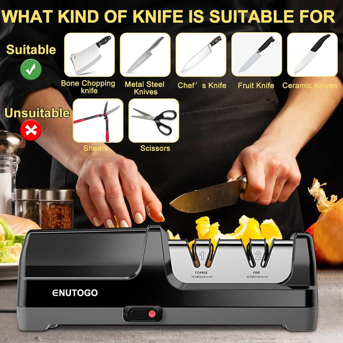 ENUTOGO electric knife sharpener with labeled coarse and fine sharpening stages