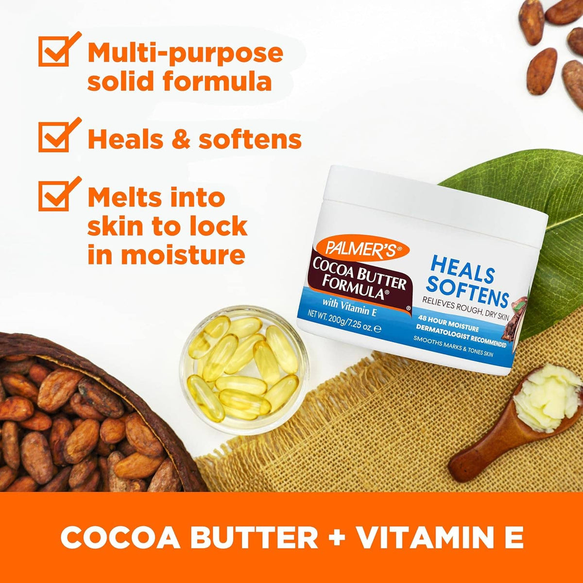 PALMER'S Cocoa Butter Formula solid lotion jar with cocoa butter capsules and lid