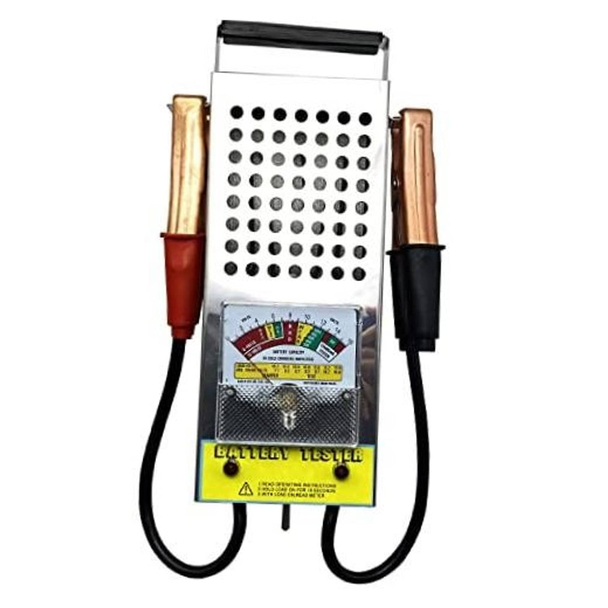 Battery alternator tester with analog voltmeter, load tester scale, and two clamp leads