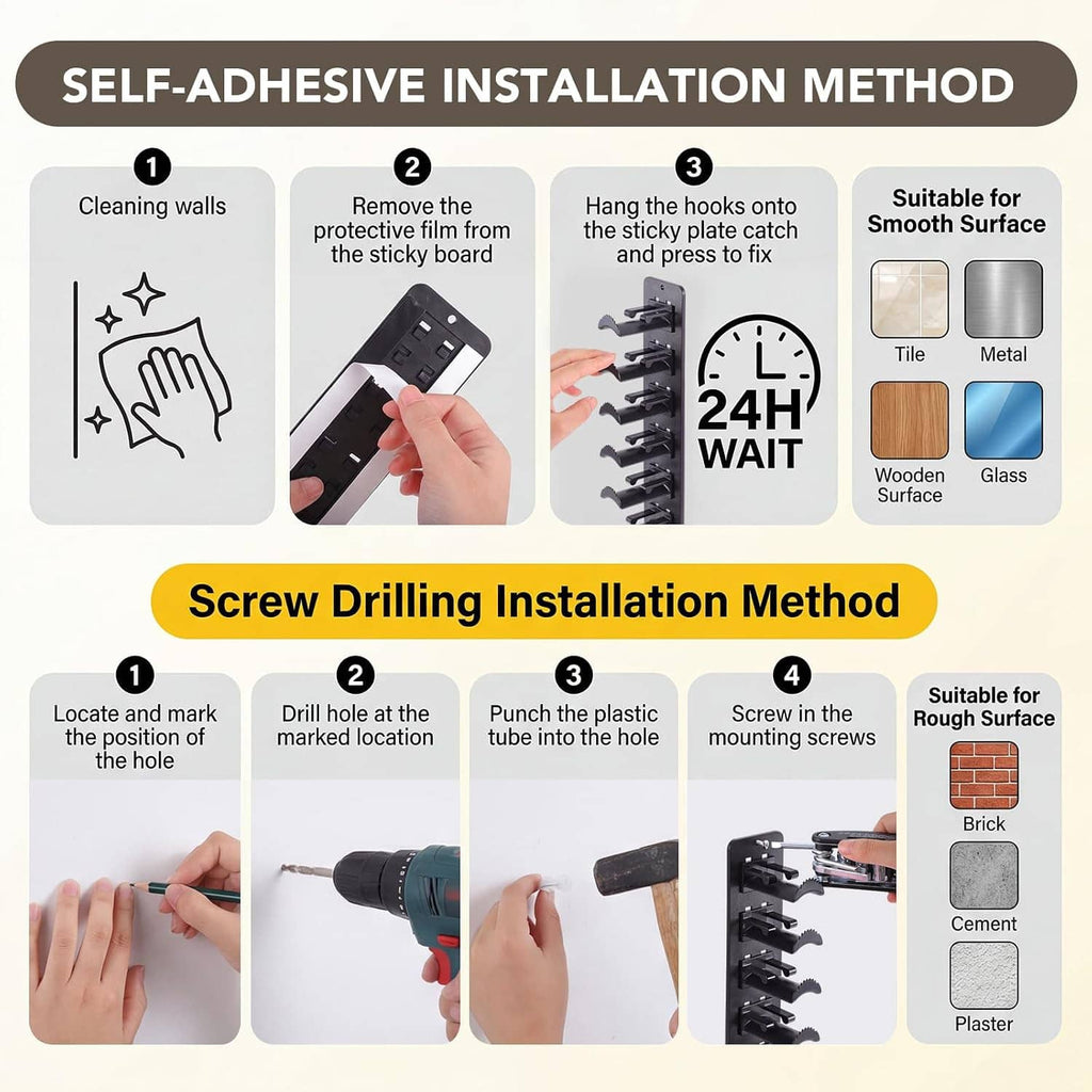 Wall hat organizer installation guide showing self-adhesive method and screw drilling option