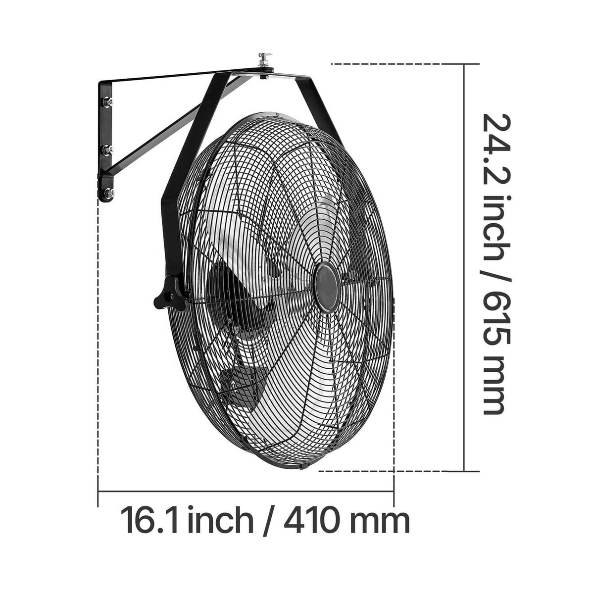 Industrial wall-mount fan with black wire grille and hanging frame, size diagram