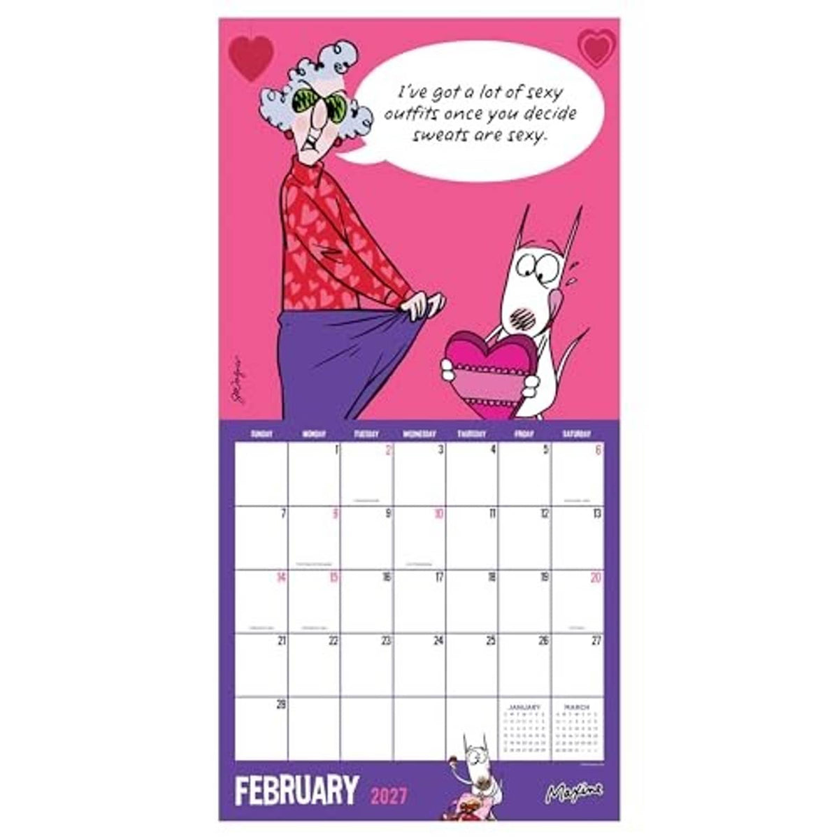 February 2027 wall calendar page with Maxine cartoon, heart speech bubble, and grid