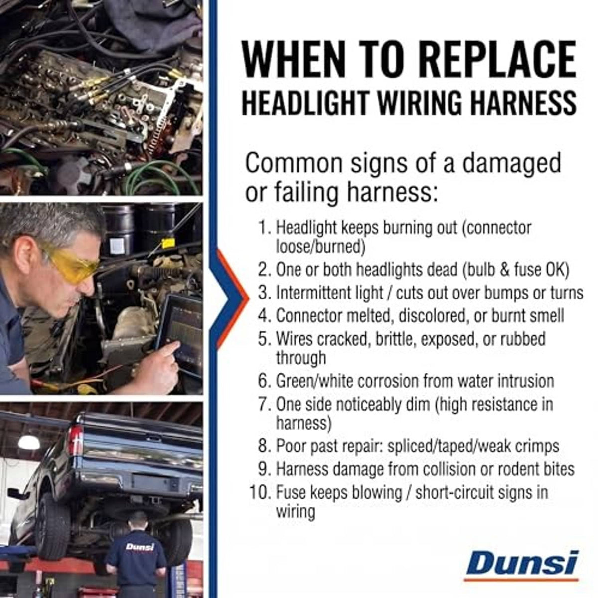 Headlight wiring harness replacement guide graphic with connector and wiring photos