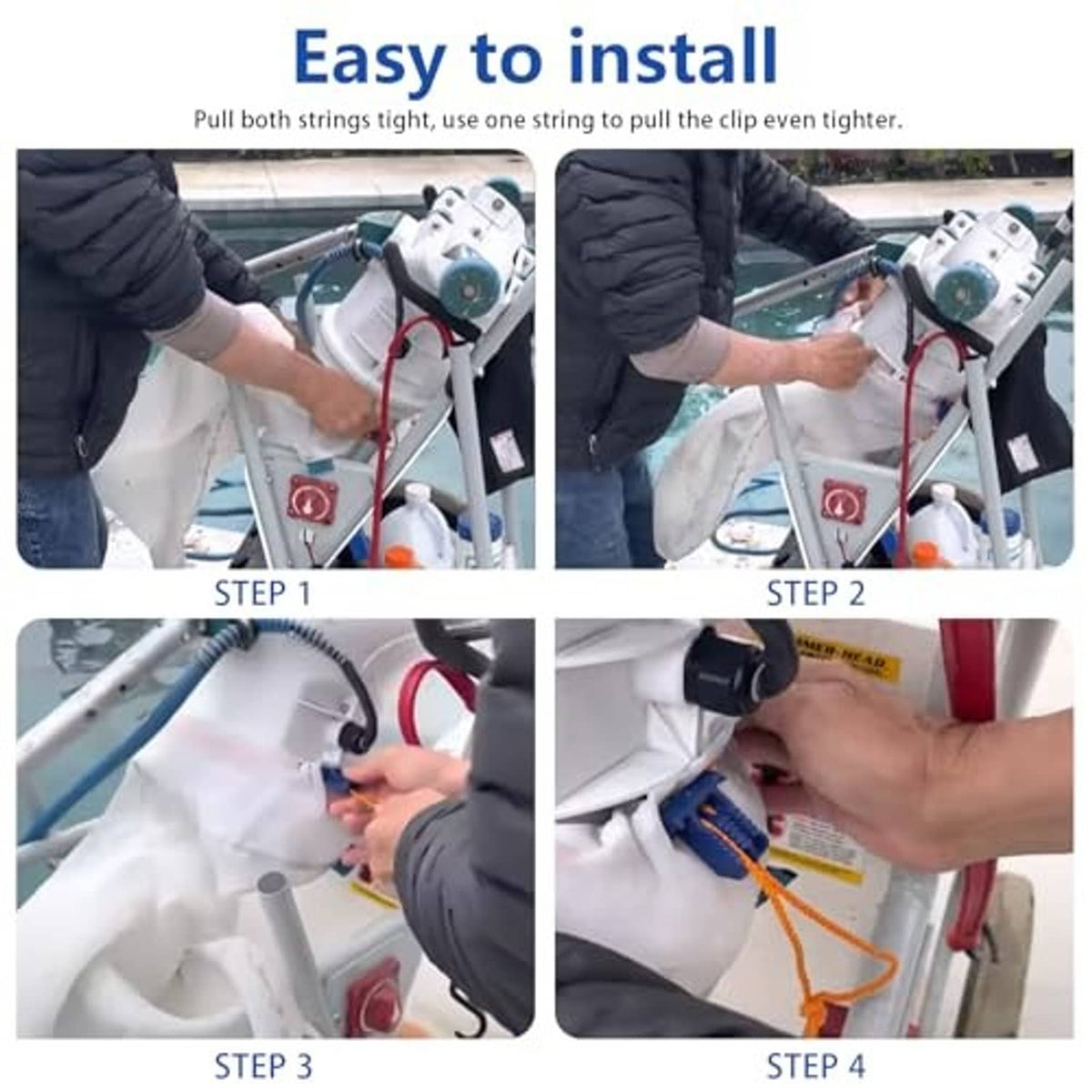 White drawstring debris bag with cord clip, shown with pool cleaner