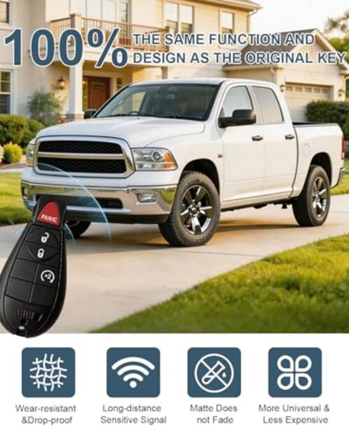 Black key fob with red PANIC button and multi-function lock/unlock and remote buttons