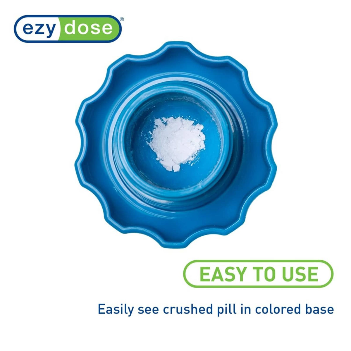 Blue pill crusher base with crushed tablet powder