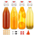 Four clear glass swing-top bottles with red flip caps, filled with amber orange drinks