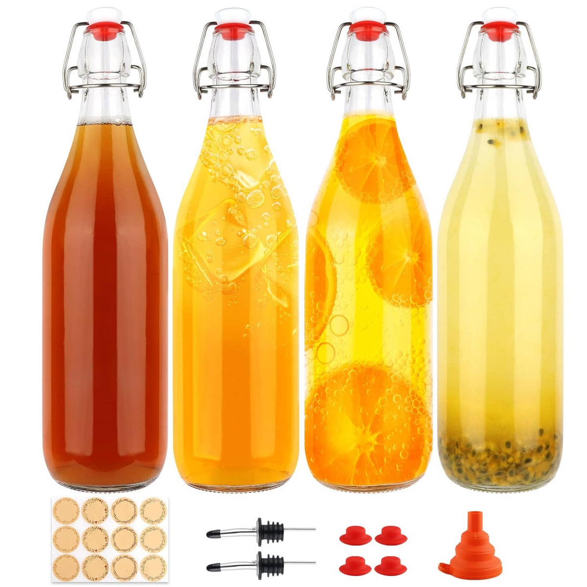 Four clear glass swing-top bottles with red flip caps, filled with amber orange drinks