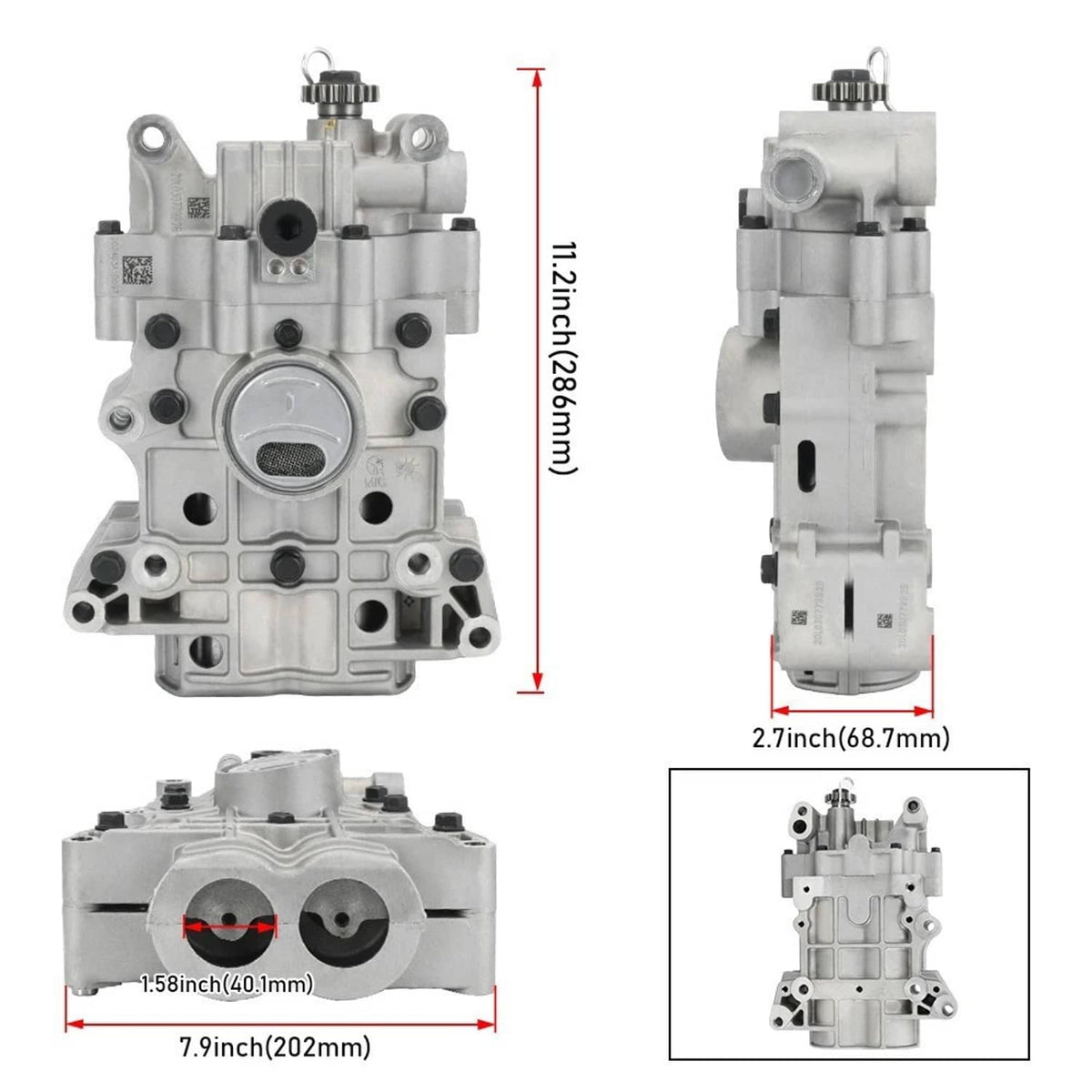 Silver oil pump housing with circular cover, inlet ports, and side outlet